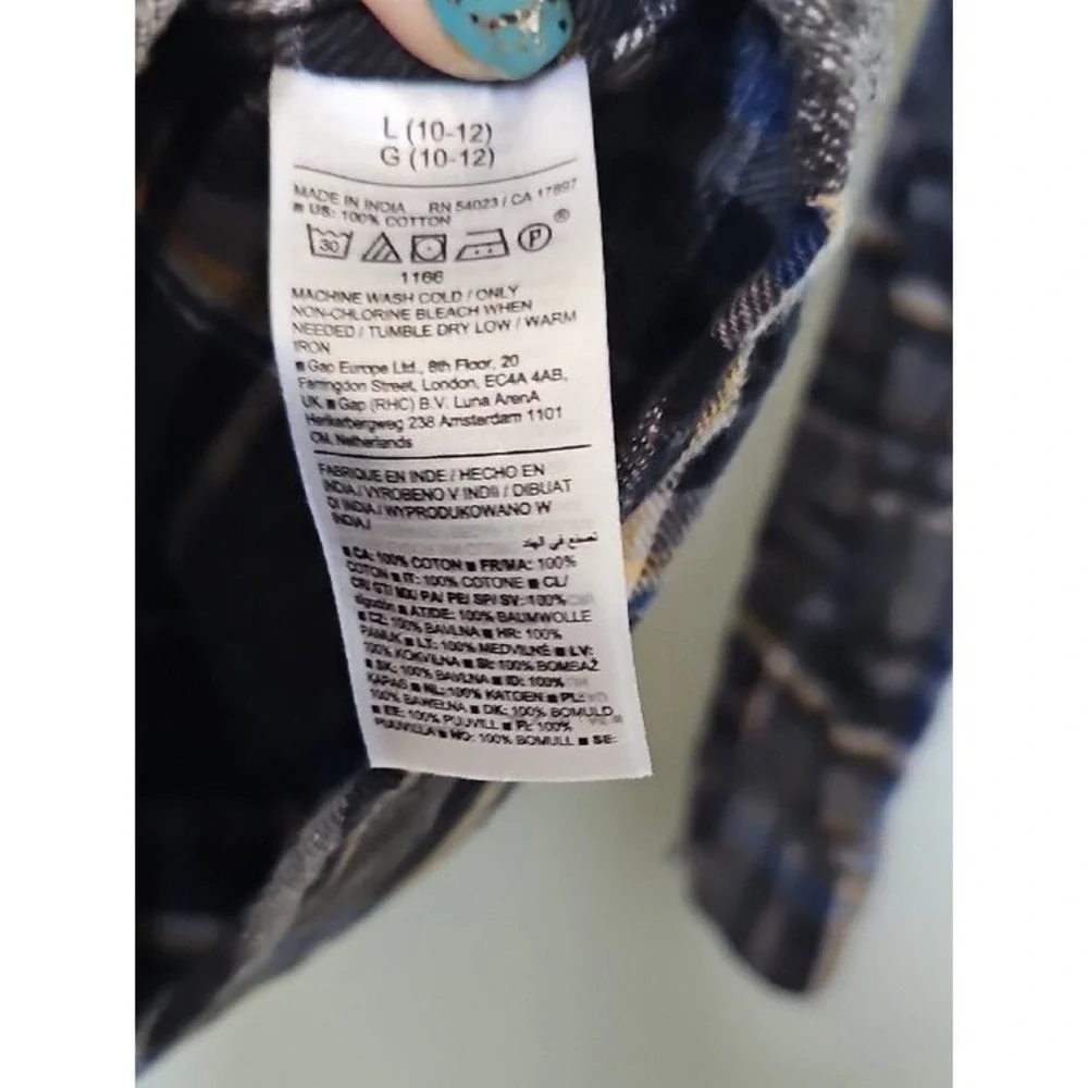 Old Navy Boys Large Plaid Flannel Button Down Shirt Gray Blue Yellow Cotton